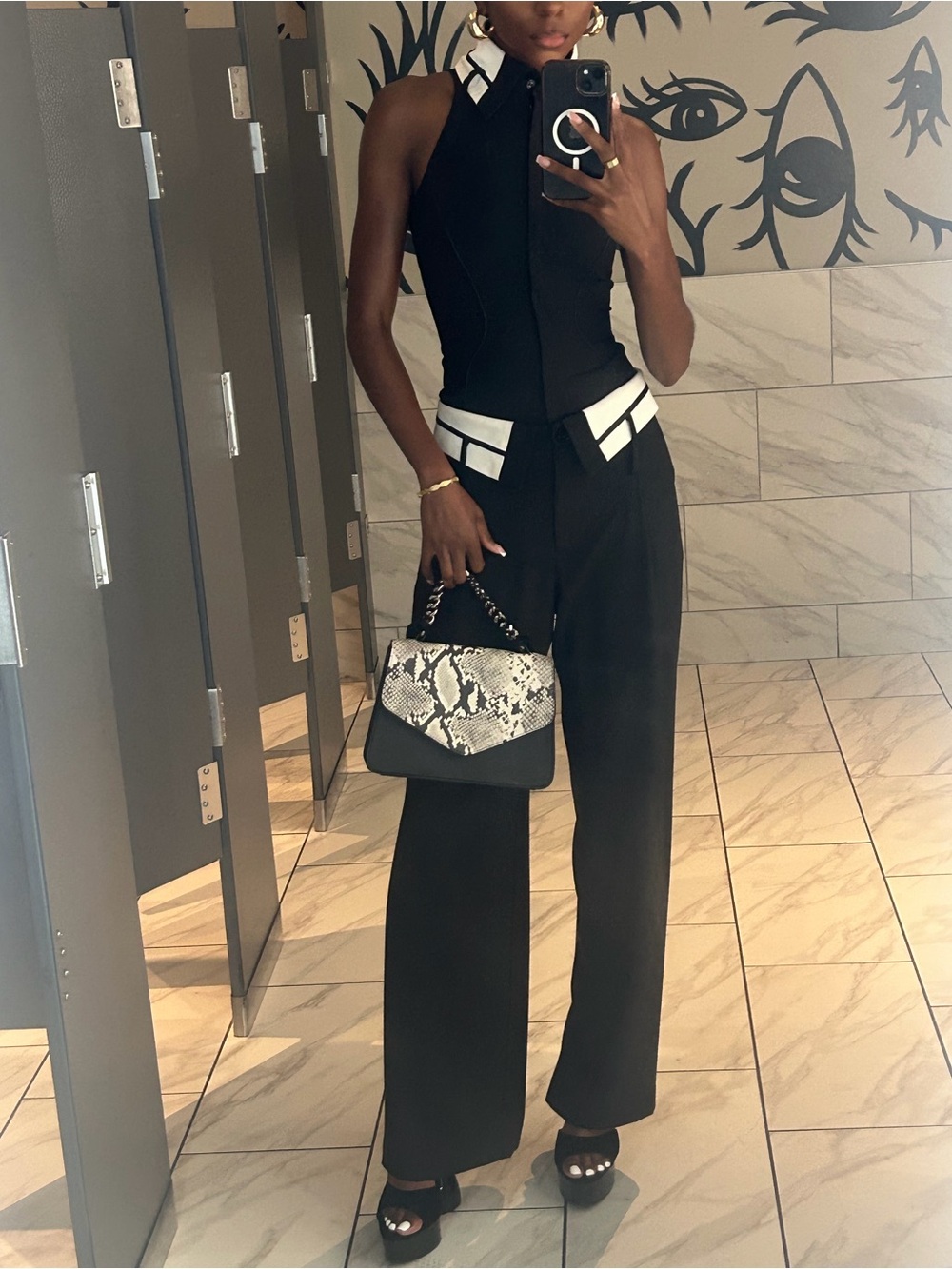 HANIFA Black Halter-Neck Wide Leg Jumpsuit with White TriM - Picture 2 of 3